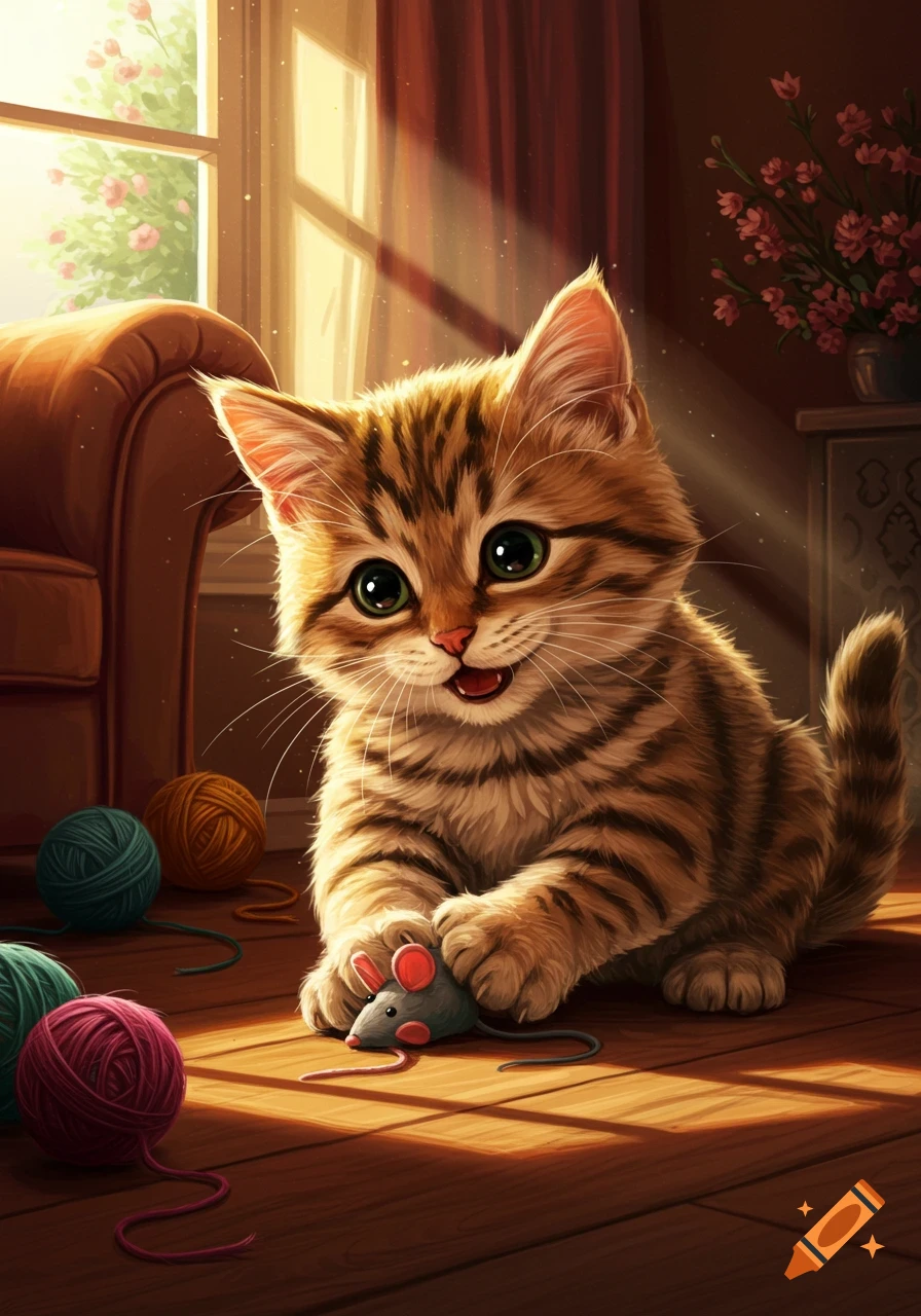 A cute tabby kitten with big green eyes plays with a toy mouse on a wooden floor in a sunny room.
