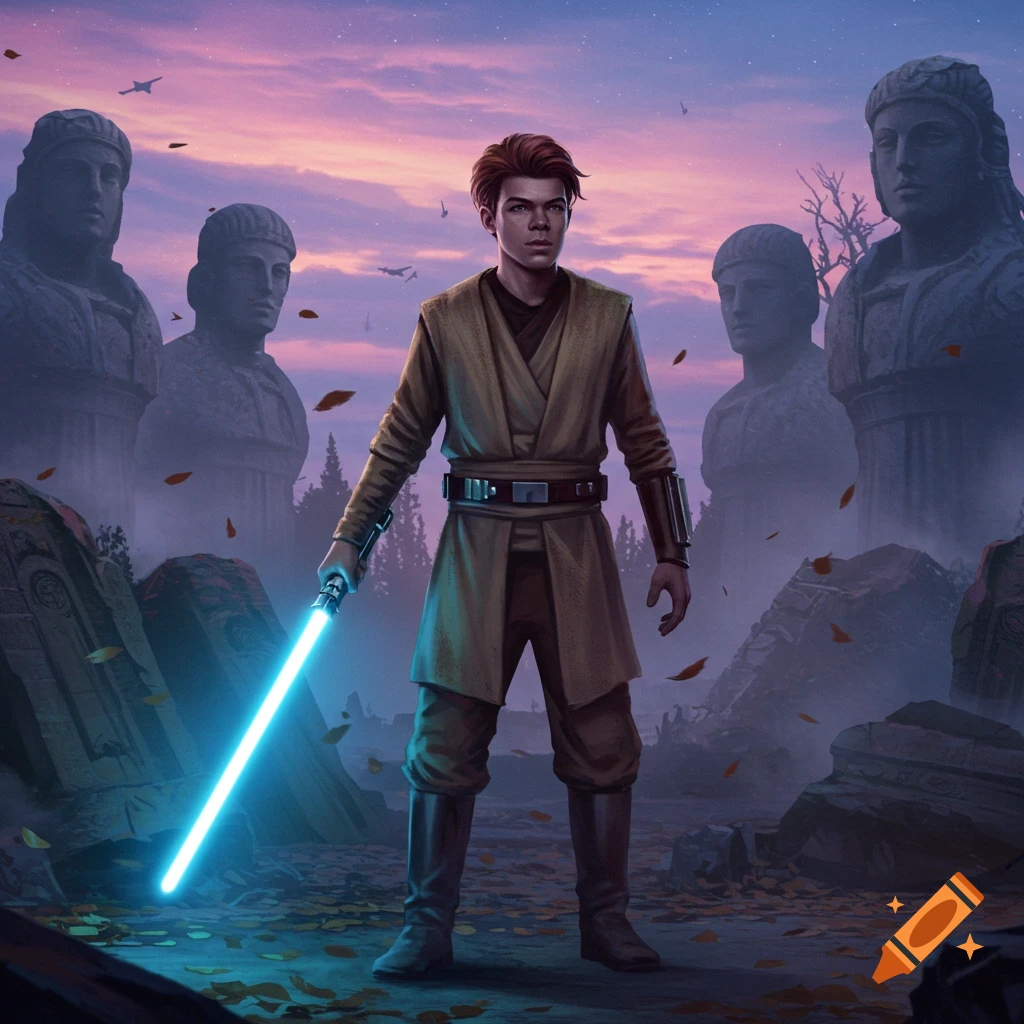 Cal Kestis stands with a glowing blue lightsaber amidst ancient, moss-covered statues and ruins under a twilight sky.