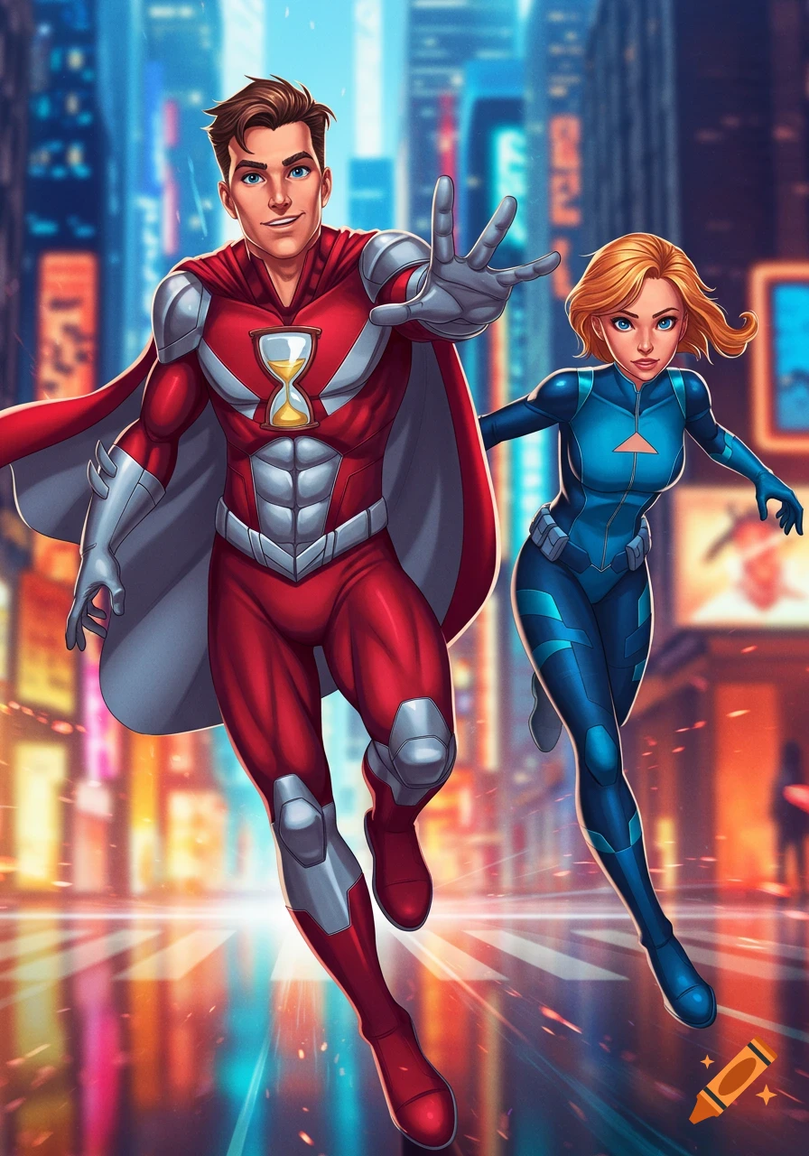 A man in a red superhero suit with an hourglass symbol and a woman in a blue suit run through a futuristic city.