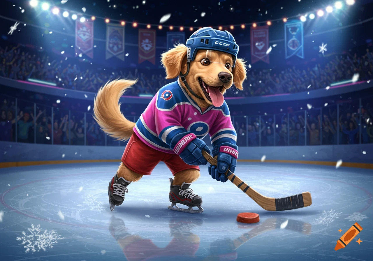 A happy golden retriever dog wearing a pink and blue hockey jersey, blue helmet, and skates, holding a hockey stick on an ice rink with a puck. Illustrated.