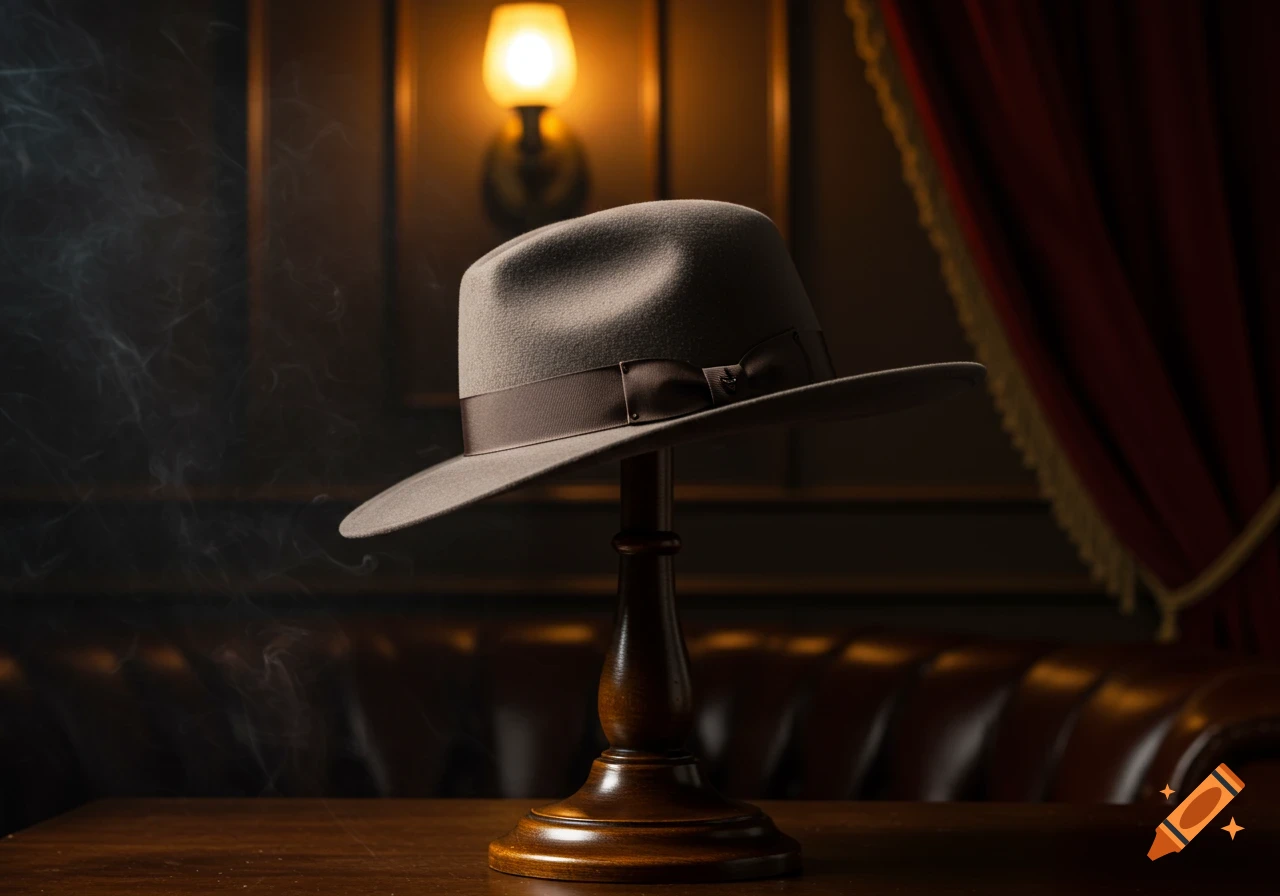 A fedora hat on a wooden stand in a dimly lit, classic room with smoke, a wall lamp, and red curtains.