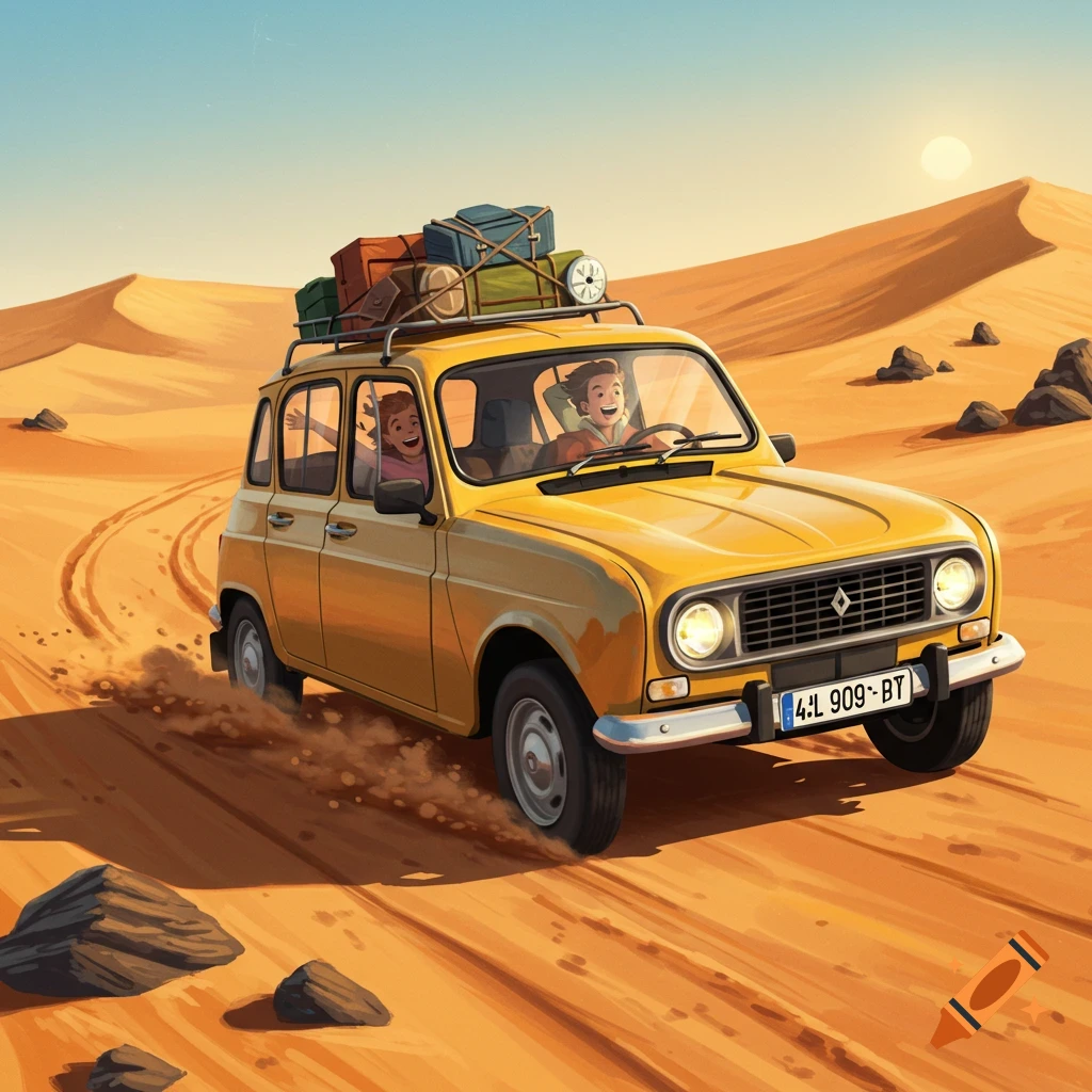 A vibrant illustration of a yellow vintage Renault 4 car, loaded with luggage, driving with two happy people through a sandy desert landscape.
