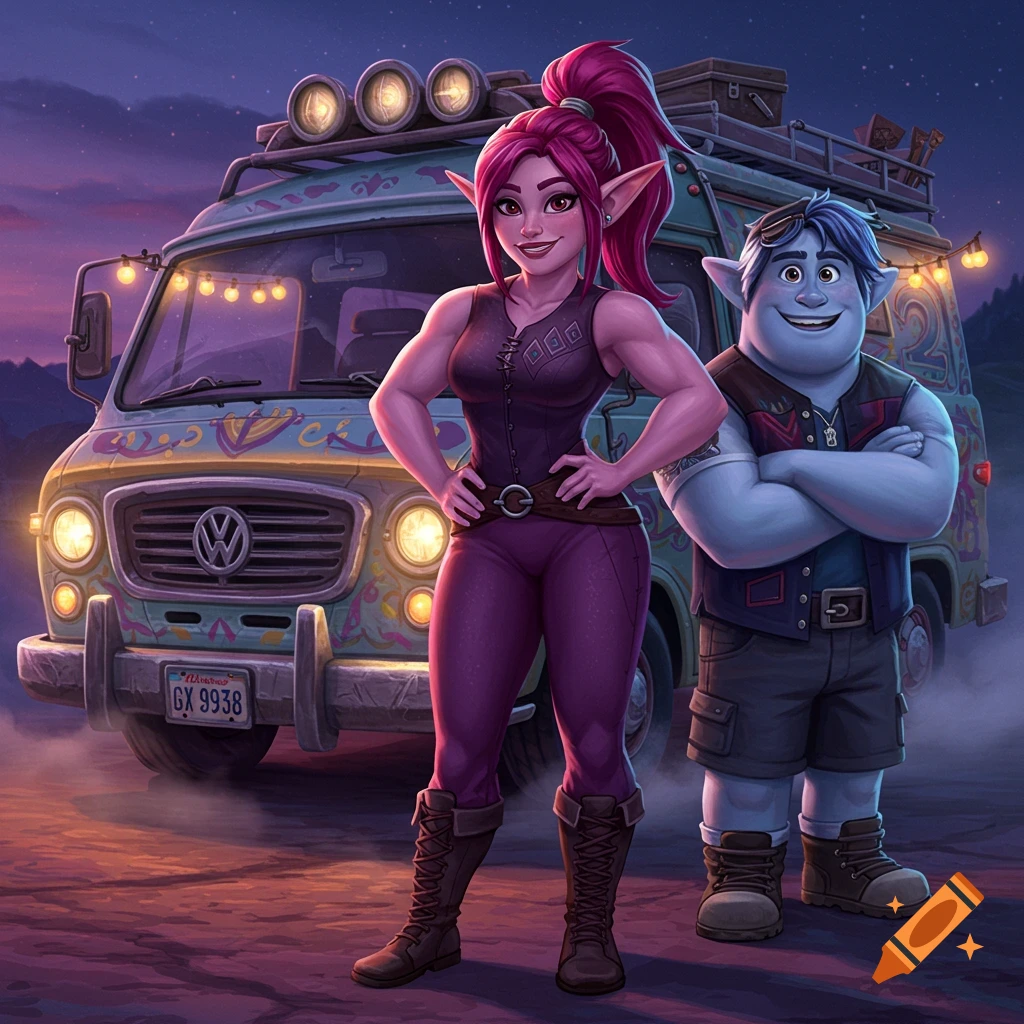 A muscular elf girl with magenta hair and Barley Lightfoot from Onward stand in front of a customized van at night, stylized.