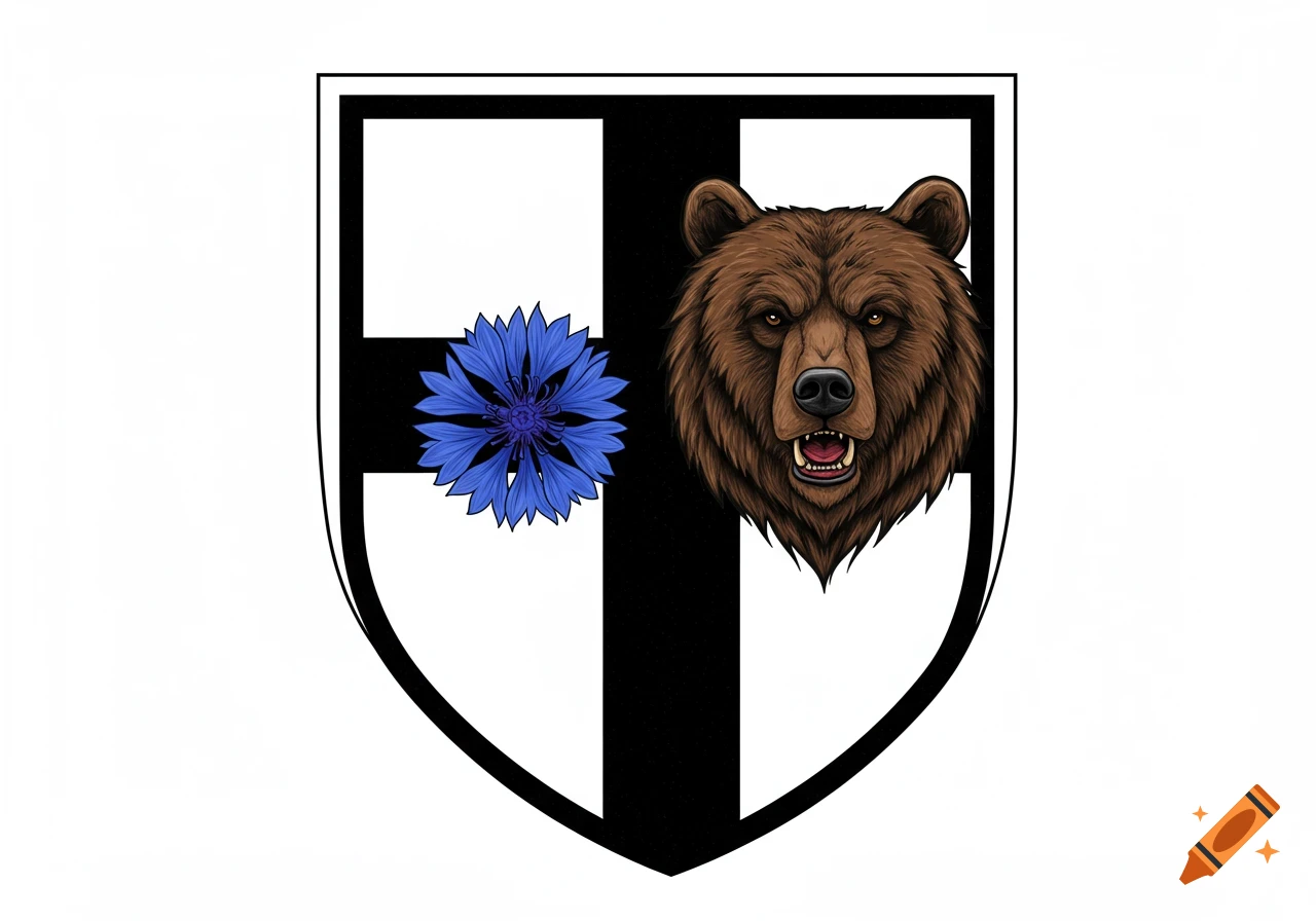 A white shield with a black cross, featuring a brown bear's head on the top right and a blue cornflower on the bottom left.