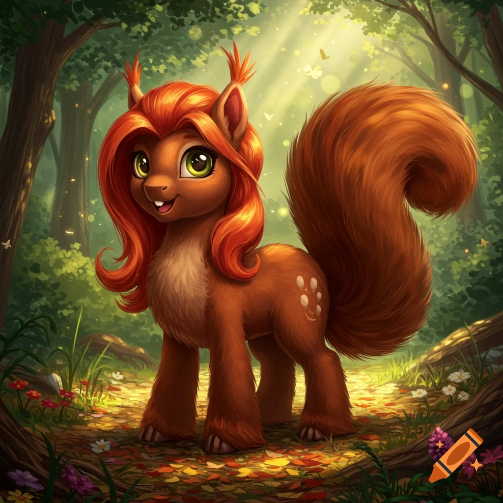 A cute, brown, My Little Pony-style squirrel-pony hybrid with a fluffy red mane and tail stands in a sunlit forest.