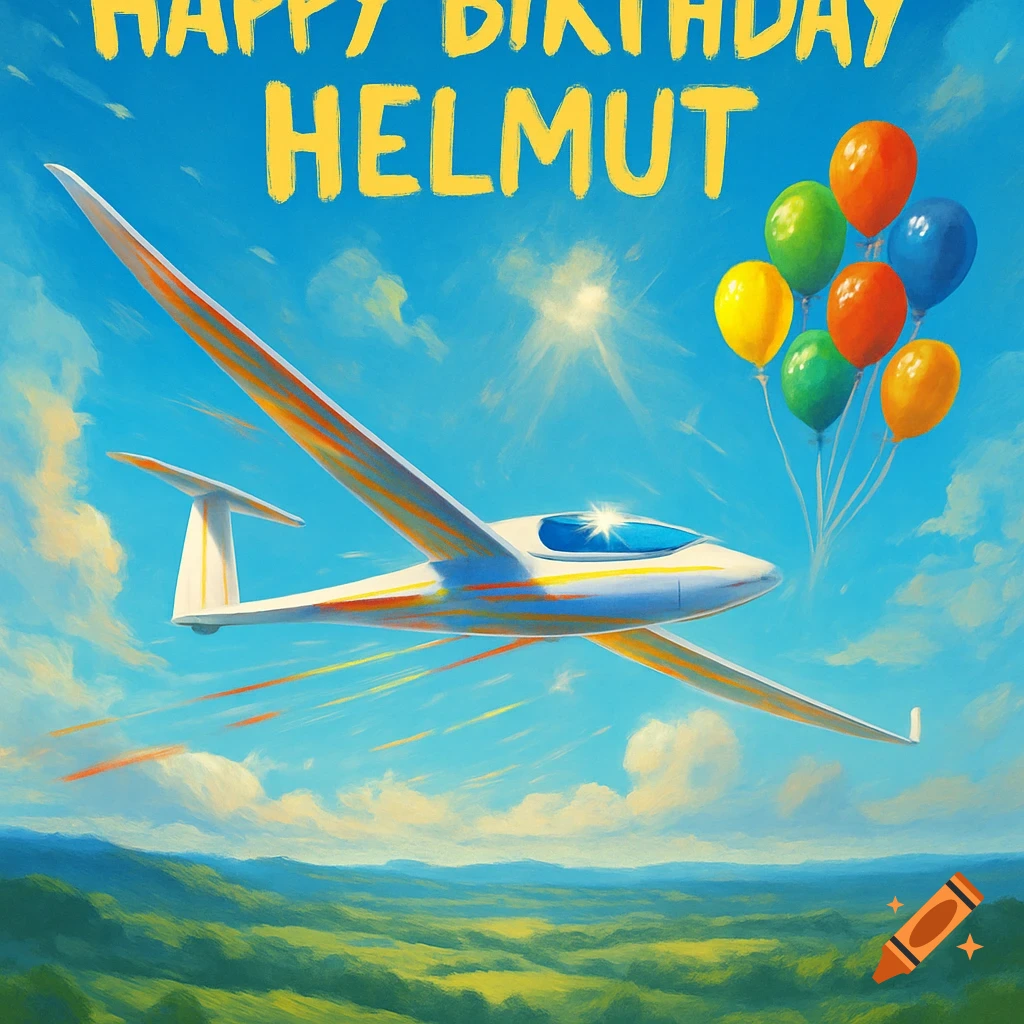A vibrant painting of a glider flying over a green landscape with colorful balloons and "HAPPY BIRTHDAY HELMUT" against a blue sky.