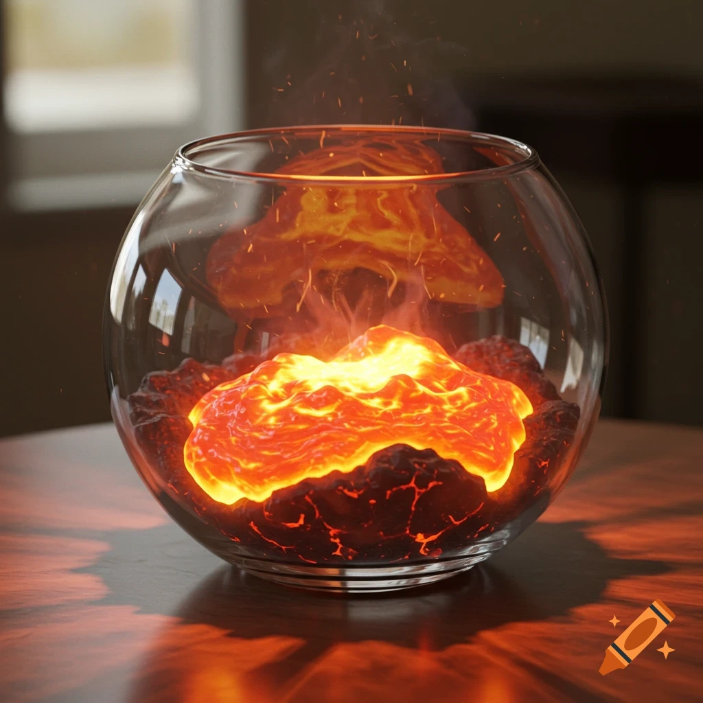 A clear glass fishbowl on a wooden table glows with molten orange-yellow lava, emitting steam.