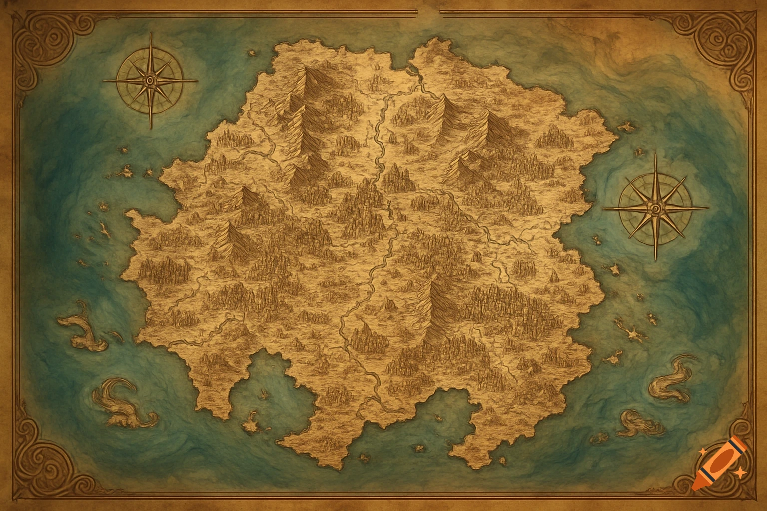 A vintage-style fantasy map of a continent with mountains, rivers, and two compass roses.