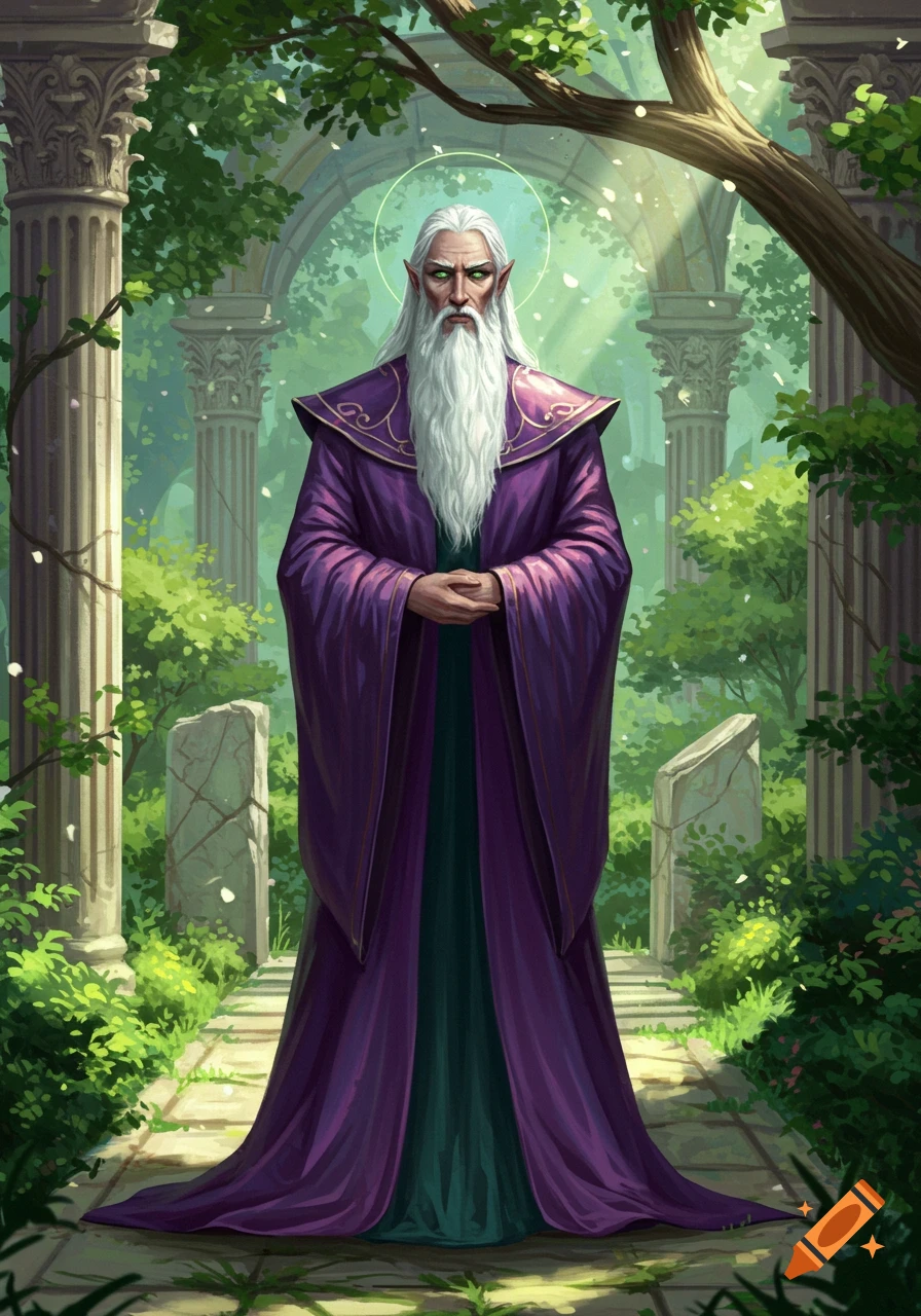 A tall, old man with a long white beard, green eyes, and a purple robe stands in an overgrown ancient ruin.