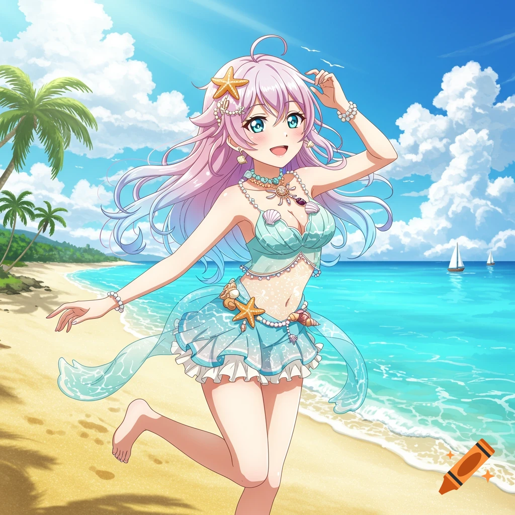 Anime girl with pink and blue hair in a seashell-themed swimsuit runs happily on a sunny beach with palm trees and ocean.