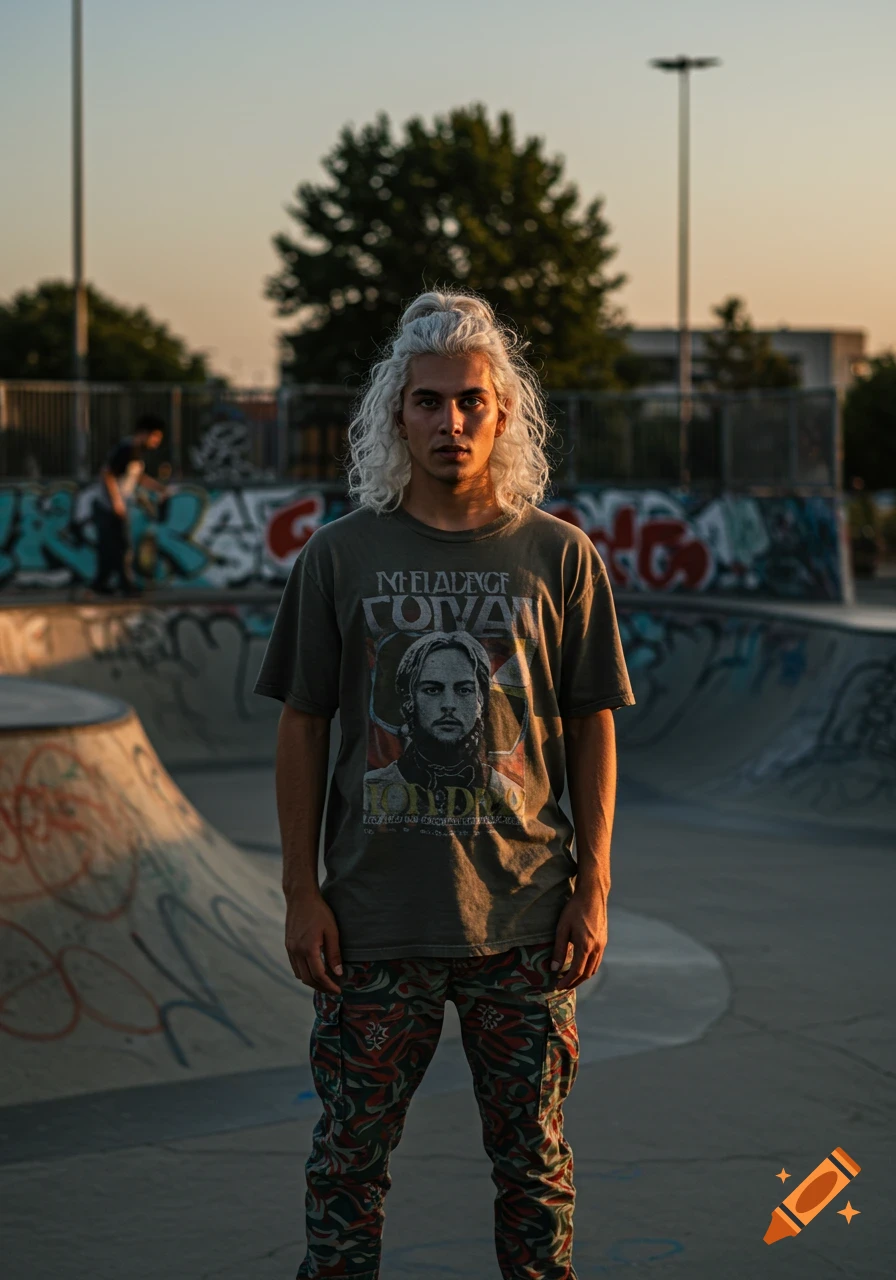 A young man with long white curly hair and a bun stands in a skatepark at sunset, wearing a graphic t-shirt and patterned cargo pants.