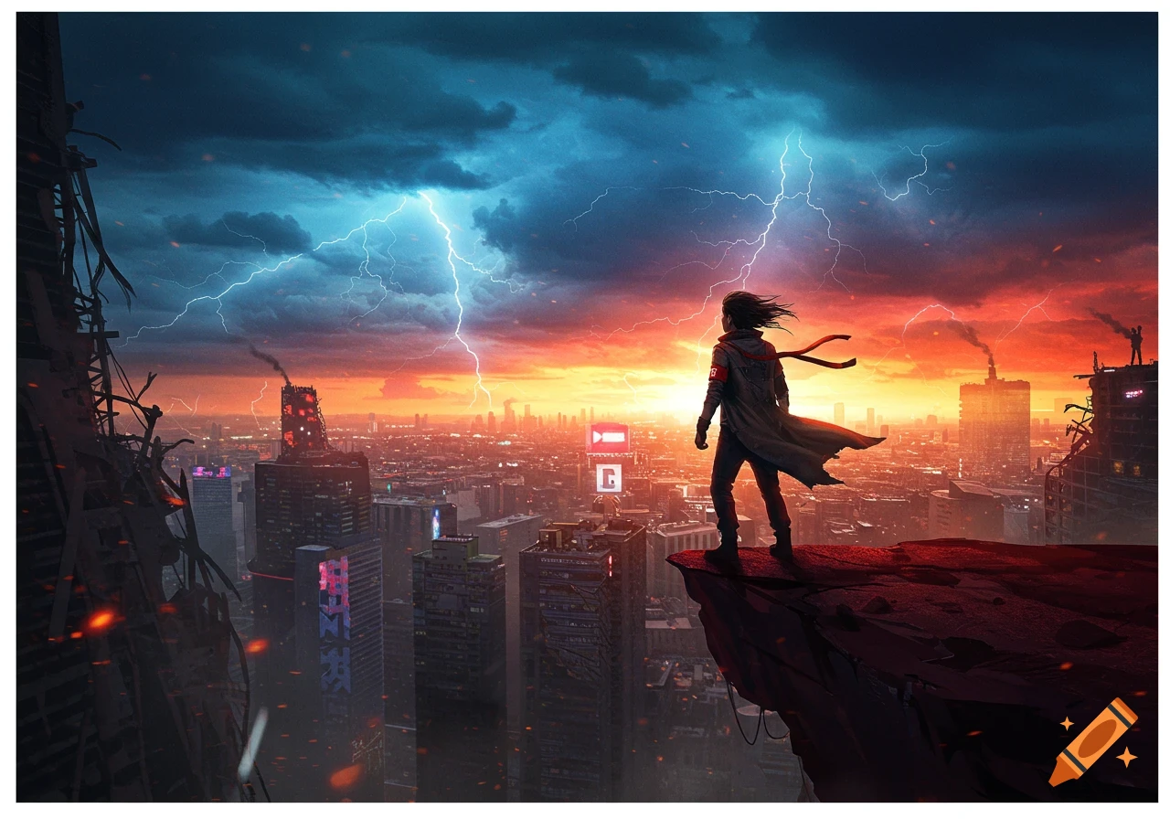 A lone figure in a coat stands atop a destroyed cliff overlooking a futuristic, sprawling city at a dramatic sunset, with lightning striking from dark clouds.