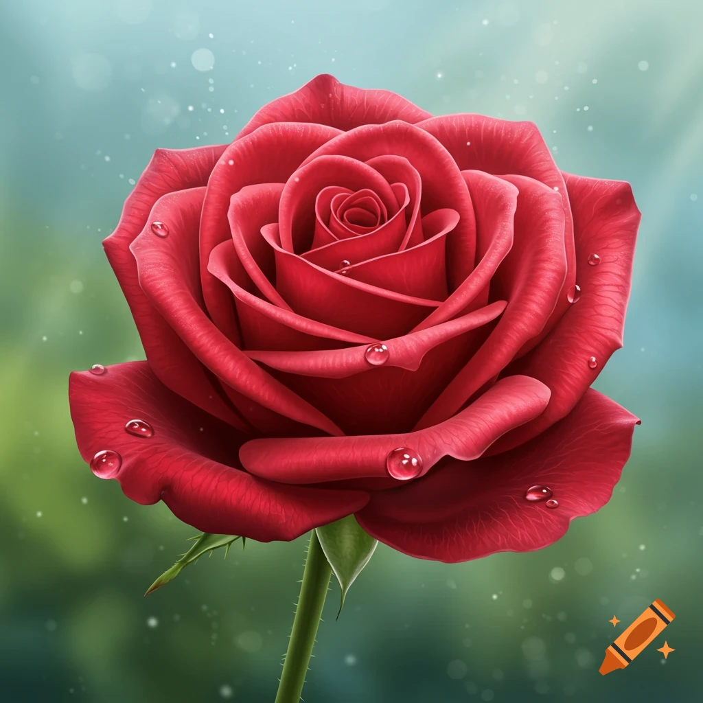 A vibrant red rose with water droplets on its petals and a green stem, set against a soft, bokeh background.