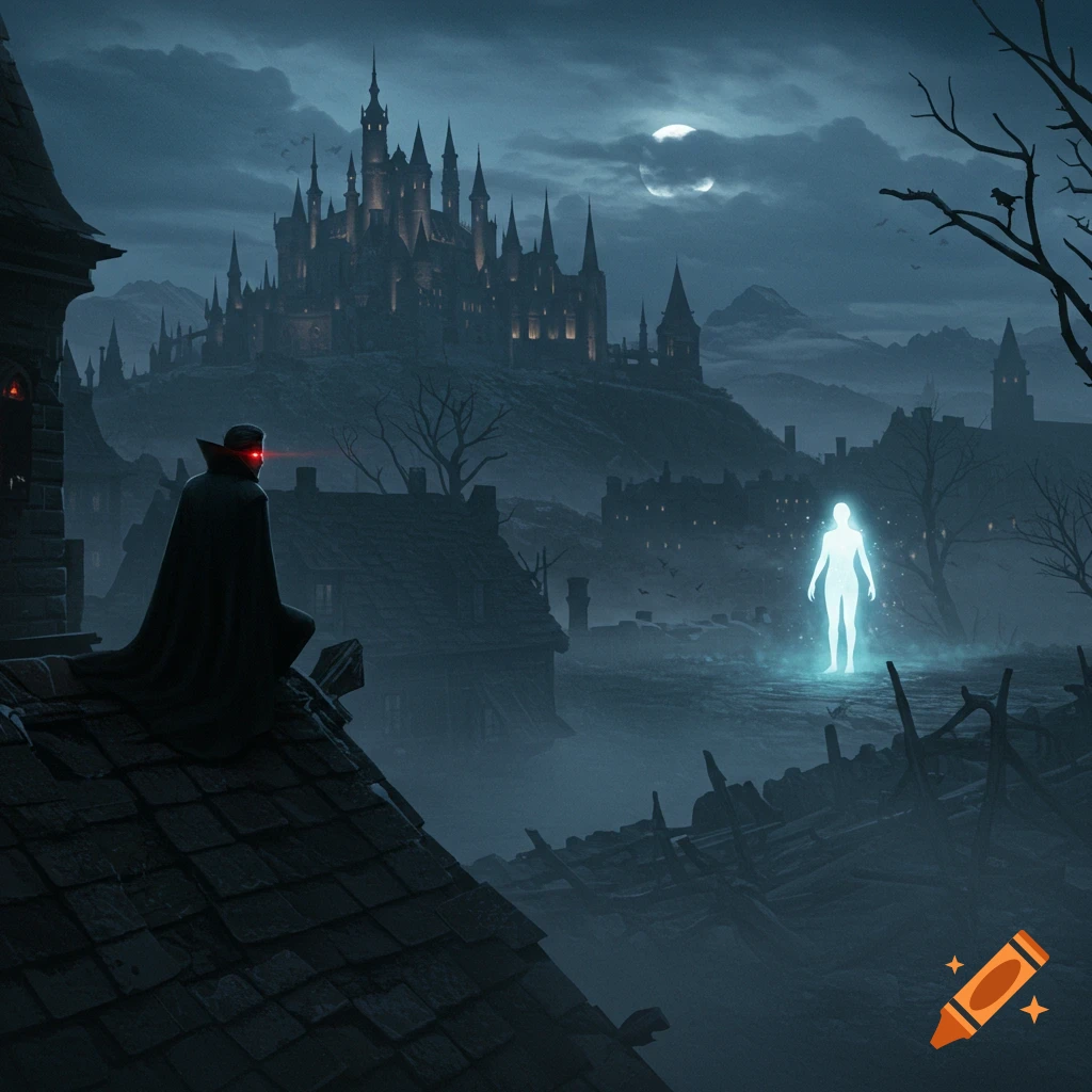 A vampire with red eyes on a misty rooftop overlooks a gloomy town and gothic castle, with a glowing figure below.
