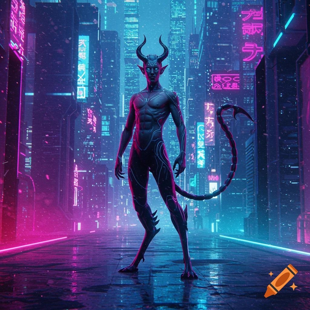 A muscular, horned demonic humanoid with a scorpion tail stands in a neon-lit cyberpunk city at night.