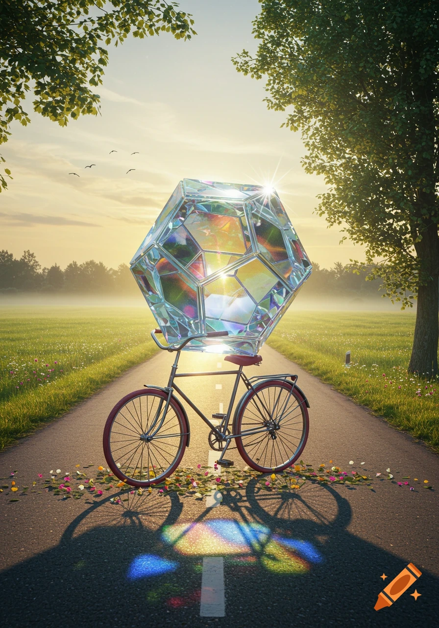 A photorealistic image of a large, iridescent crystal polyhedron balancing on a bicycle on a road through a sunny, misty field with trees.