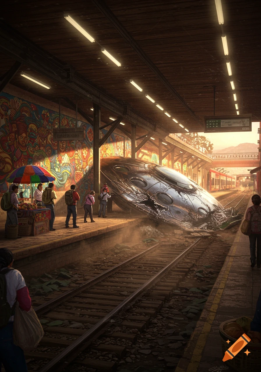 A crashed silver UFO lies damaged on the train tracks of a bustling, colorful train station with a mural, as onlookers gather.