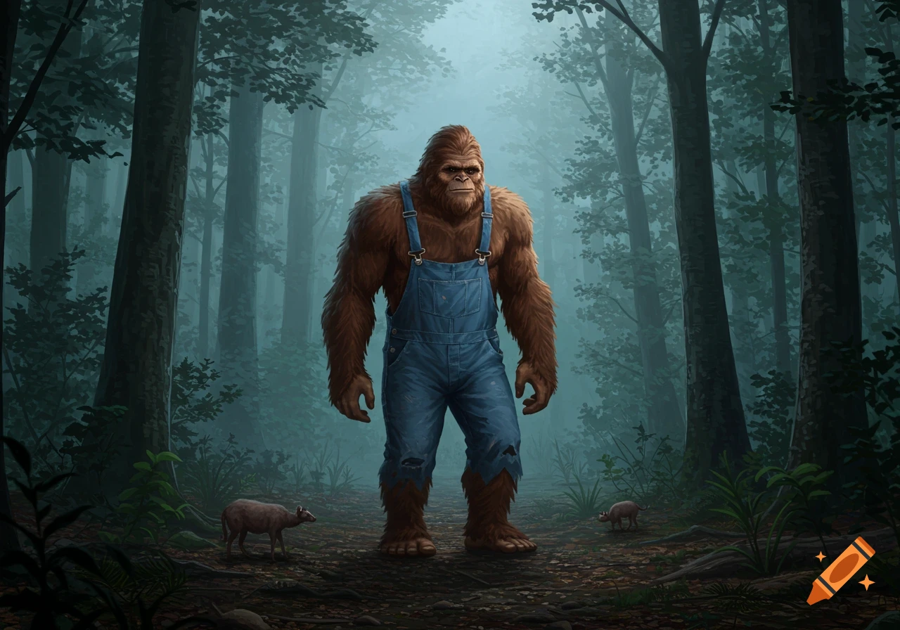 A large, brown, hairy Bigfoot in blue overalls stands in a misty, dark green forest with small animals.