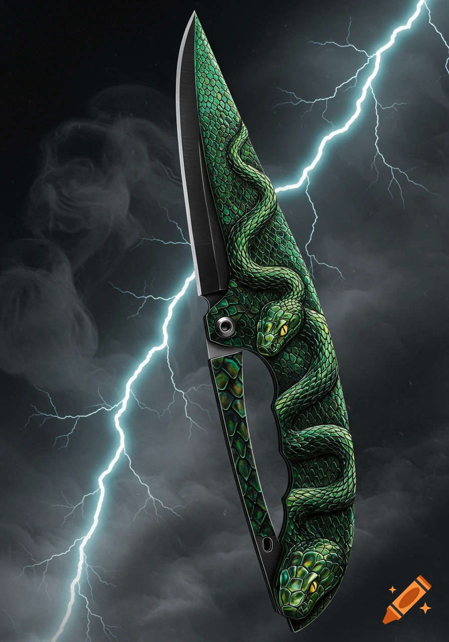 A stylized green snake-themed folding knife with a black blade, set against a dark, stormy sky with bright lightning bolts.