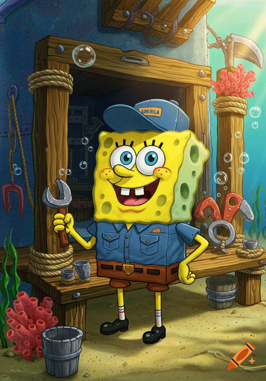 Spongebob Squarepants in a blue worker shirt and hat, holding a wrench, standing on an underwater dock in a cartoon style.