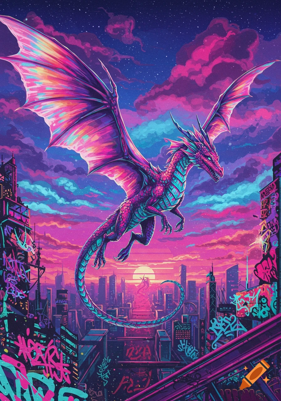 A vibrant pink and blue dragon with large wings flies over a neon cyberpunk city at sunset, with colorful graffiti on buildings.