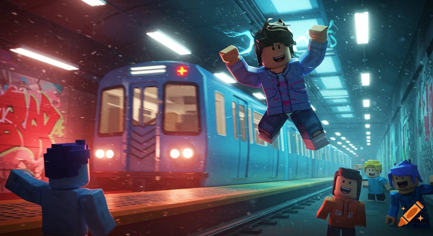 Roblox character jumping over subway tracks as a train passes, while other characters watch from a graffiti-covered station.