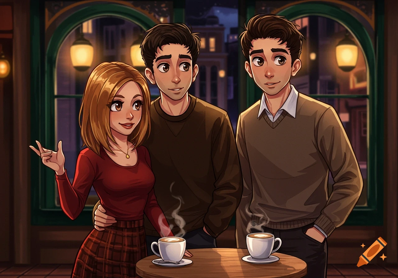 Three anime characters, a woman and two men, standing at a cafe table with coffee cups in a cozy setting.