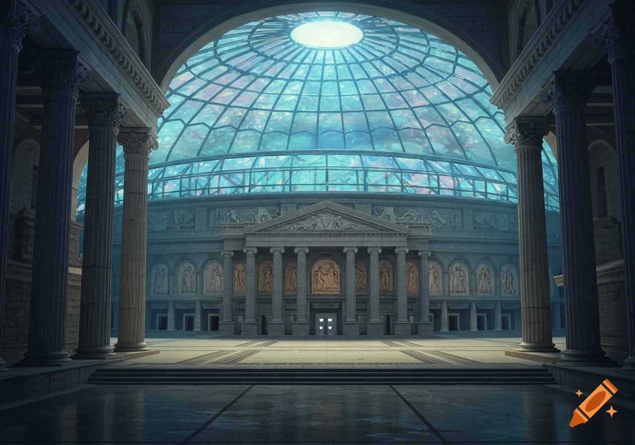 A grand, futuristic stadium combining Greek and Roman architecture with tall columns and a glowing, patterned glass dome.