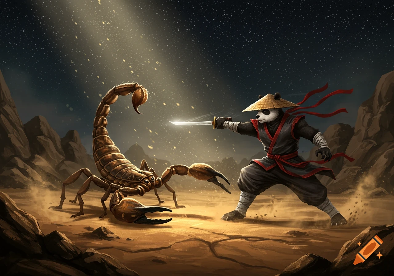 A ninja panda with a straw hat and sword fights a giant scorpion in a stylized desert landscape under a starry sky.