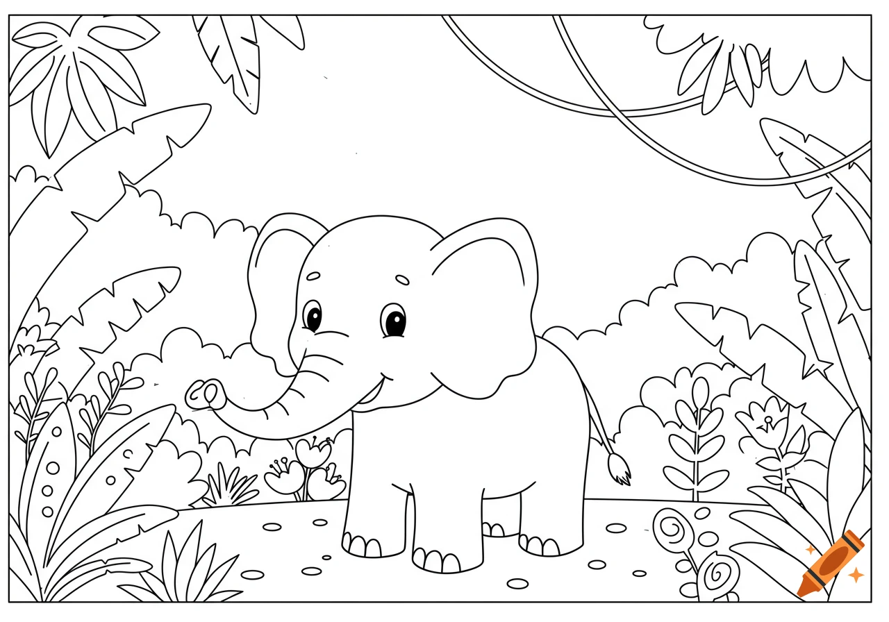 A simple black and white line art coloring page features a happy cartoon elephant in a jungle surrounded by large leaves and vines.