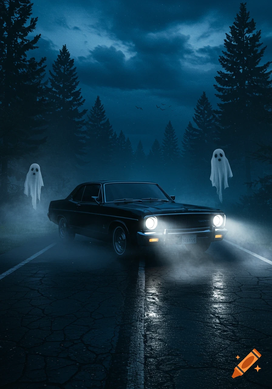 A black classic car on a misty road at night, flanked by pine trees and two sheet ghosts under a cloudy, star-filled sky.