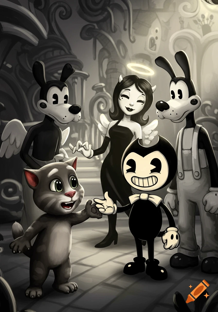 Talking Tom meeting Bendy, Alice Angel, and Boris the Wolf in a vintage monochrome cartoon style.