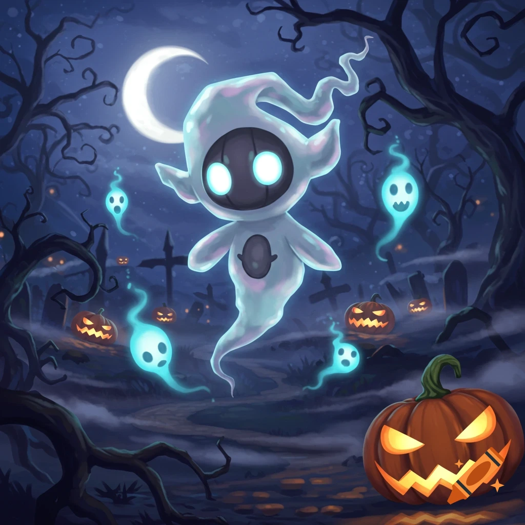 A central spirit creature and small ghosts float among glowing jack-o'-lanterns in a spooky graveyard under a crescent moon, in a whimsical Halloween art style.