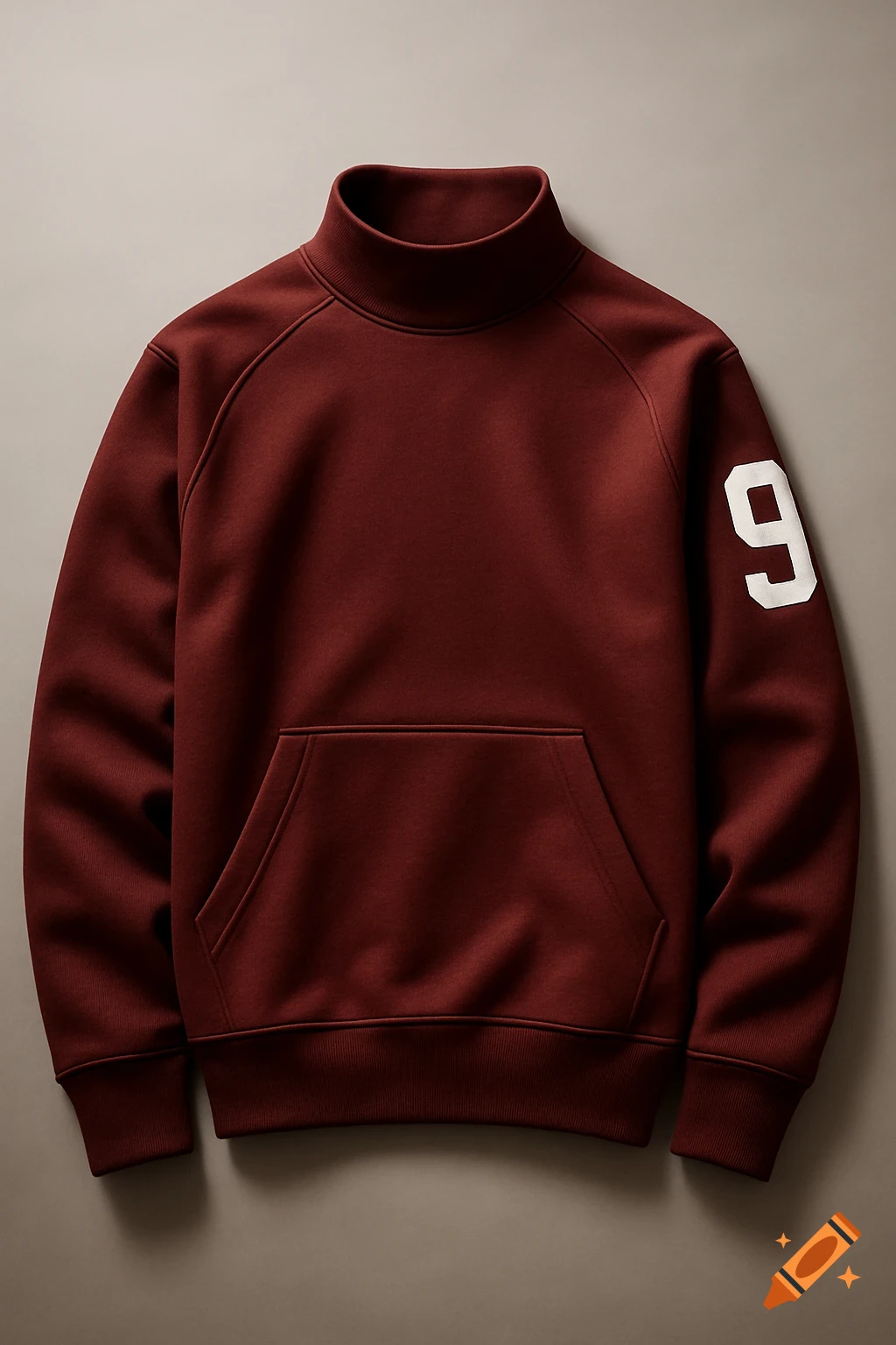 A dark red turtleneck hoodie with a front kangaroo pocket and a white number 9 on the sleeve, laid flat.