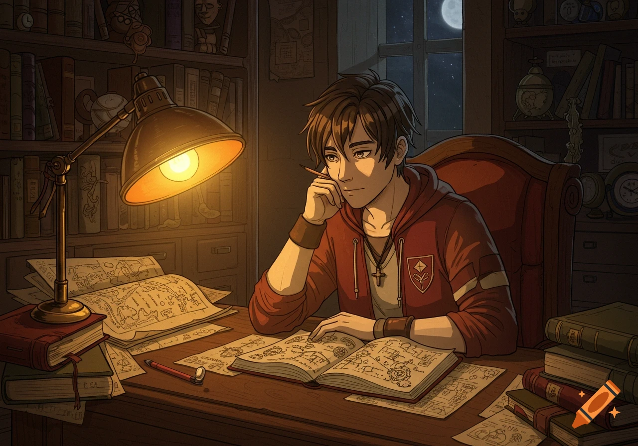 A young anime man with brown hair studies late at night at a wooden desk filled with books and diagrams, illuminated by a desk lamp.