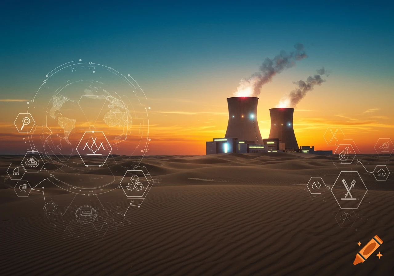 Two nuclear cooling towers emit smoke in a desert at sunset, with a holographic globe and technological icons overlayed.