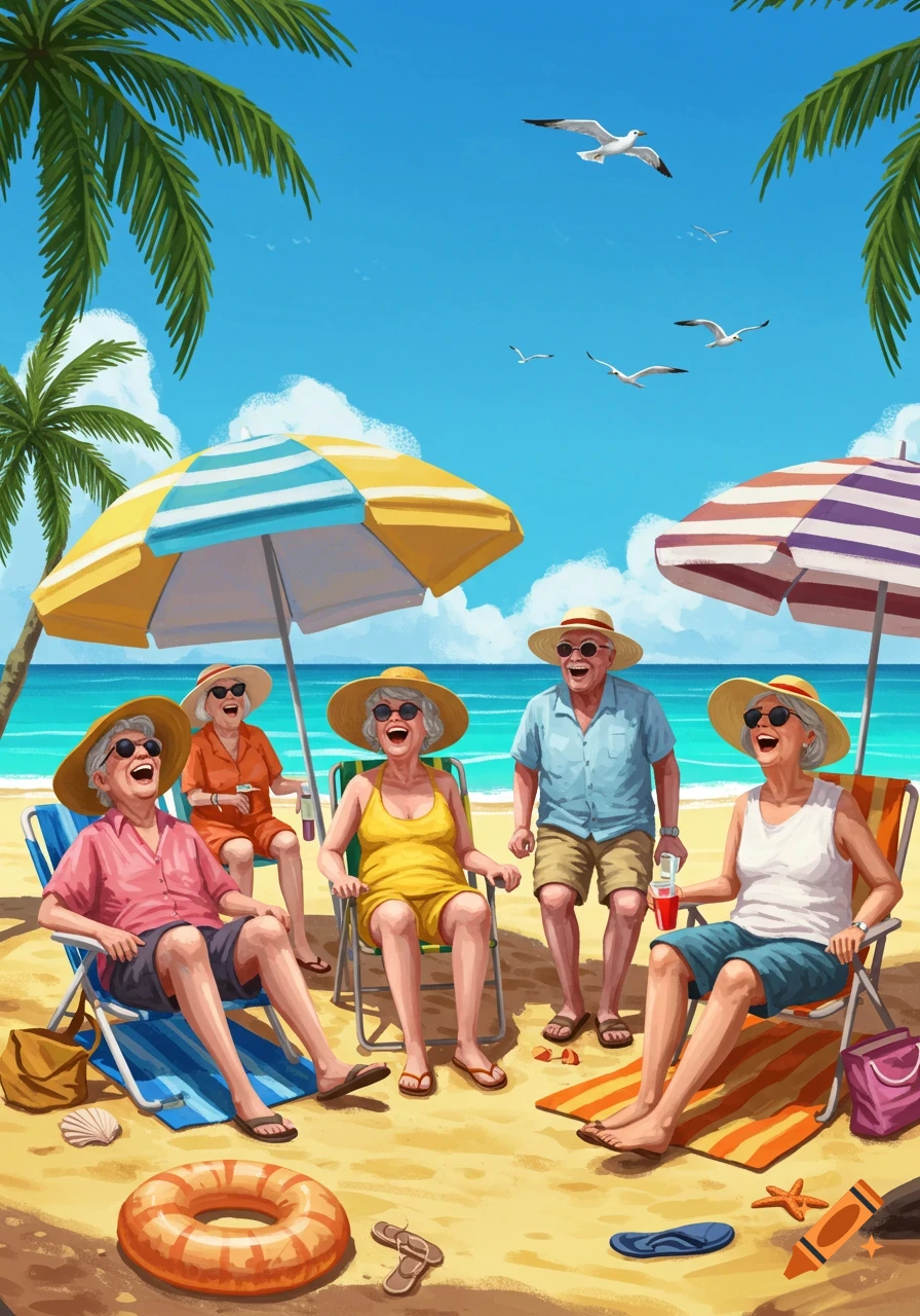 Cartoon illustration of five happy elderly people enjoying a sunny beach with palm trees, umbrellas, and seagulls.