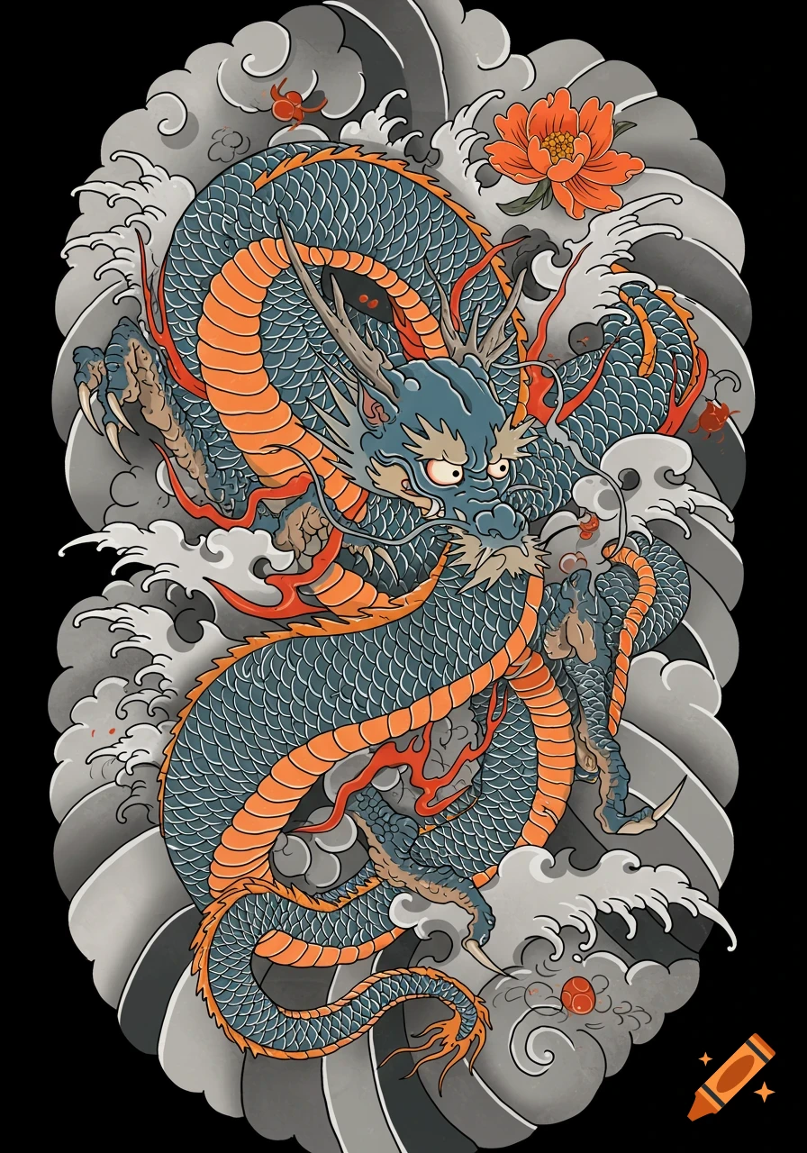 A traditional Japanese Irezumi style blue and orange dragon entwined with gray waves and clouds, featuring an orange flower.