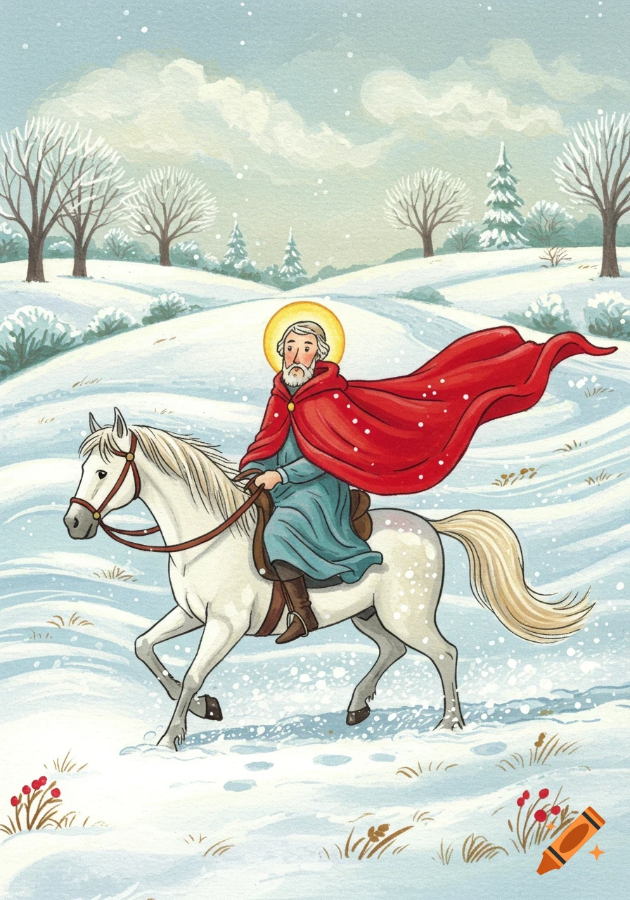 An illustration of Saint Martin on a white horse, wearing a red cape, riding through a snowy winter landscape with trees.