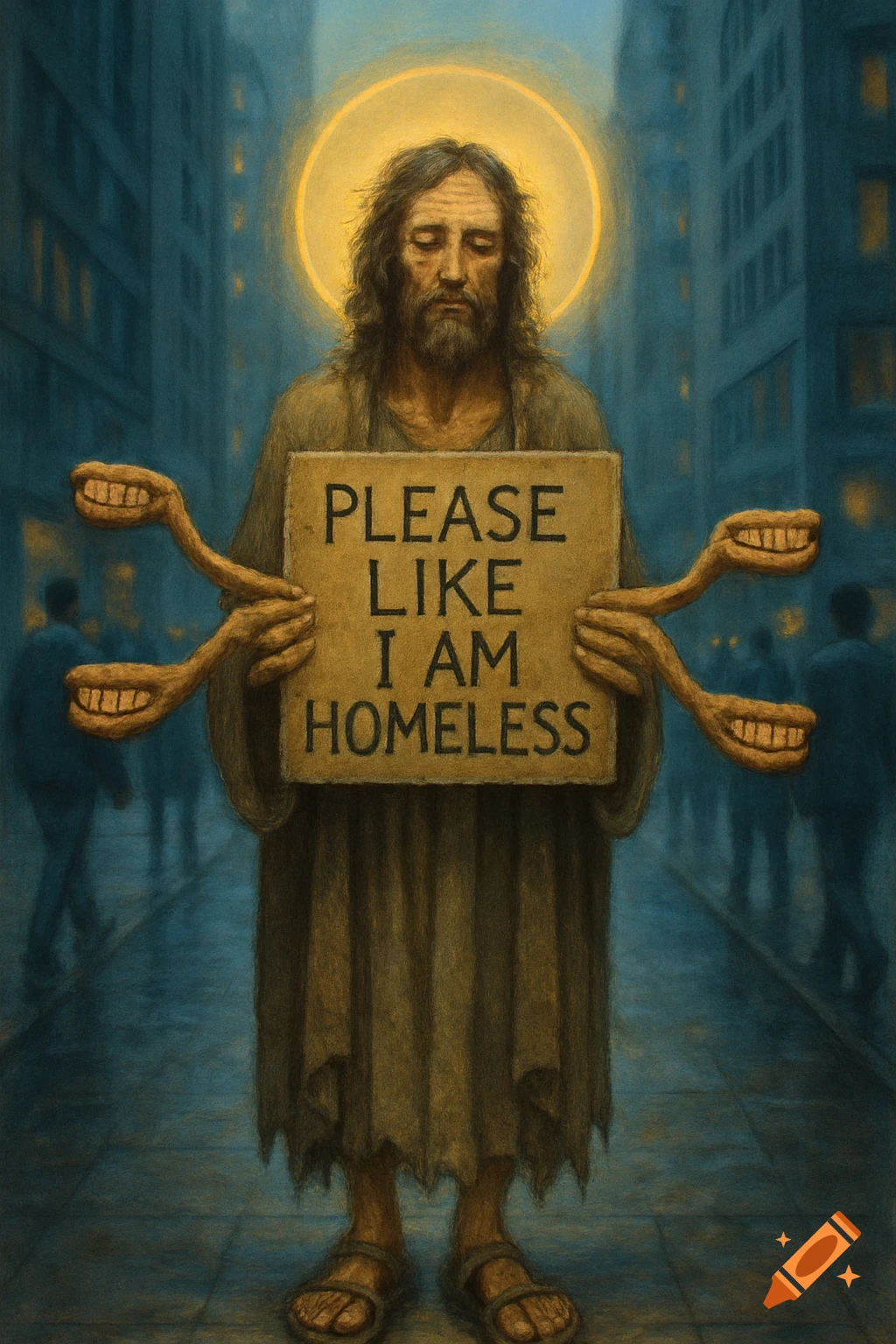 Dark illustrative painting of a homeless Jesus with a halo and toothy limbs, holding a sign "PLEASE LIKE I AM HOMELESS" on a city street.