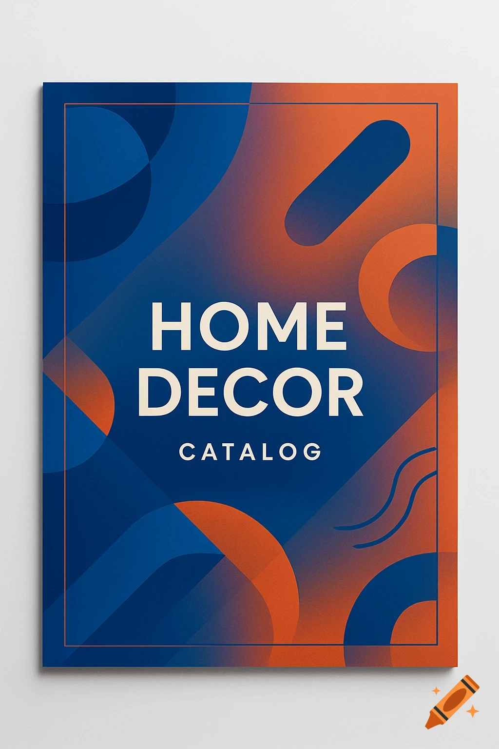 A modern abstract catalog cover with geometric shapes in blue and orange, featuring the white text 'HOME DECOR CATALOG'.