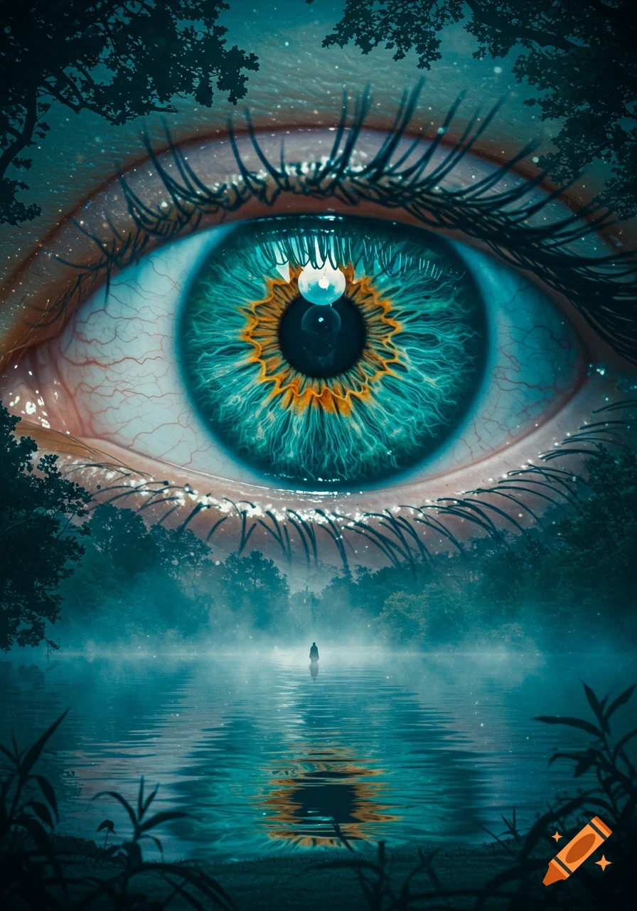A surreal close-up of a giant eye with a teal and orange iris, reflecting a misty lake and a distant figure in a dark forest at dusk.