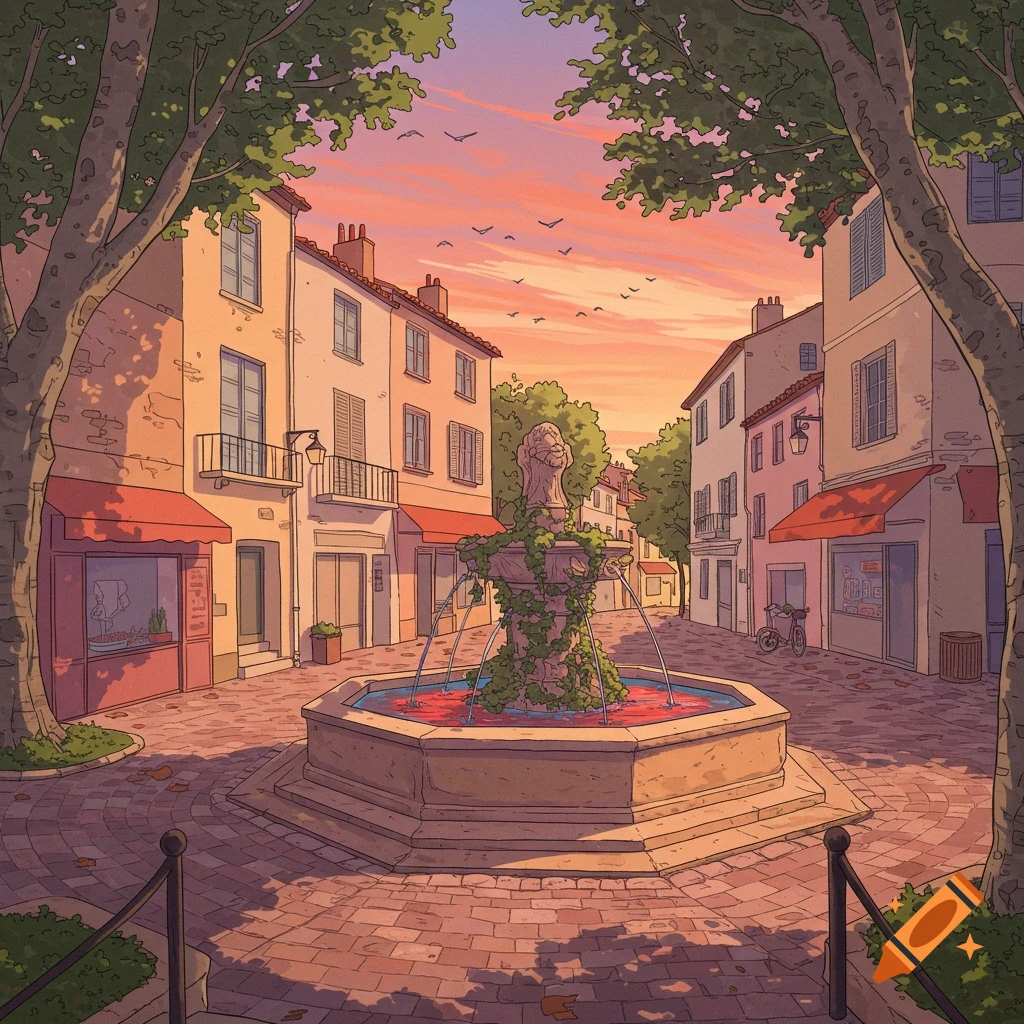 An anime-style town square in Aix-en-Provence with a central fountain, surrounded by buildings under a sunset sky, framed by trees.