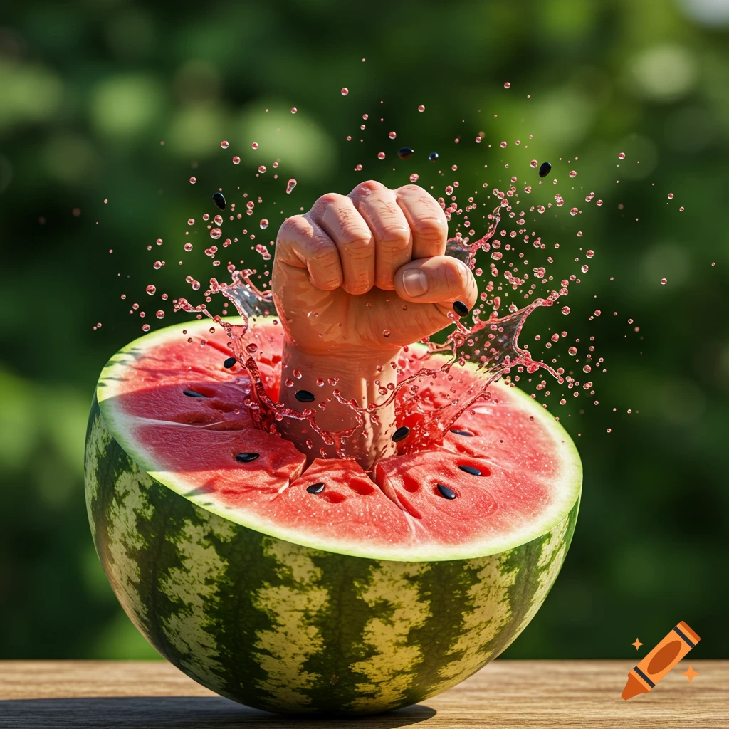A human fist punches through a halved watermelon, causing red juice and seeds to splatter outwards against a blurry green background.