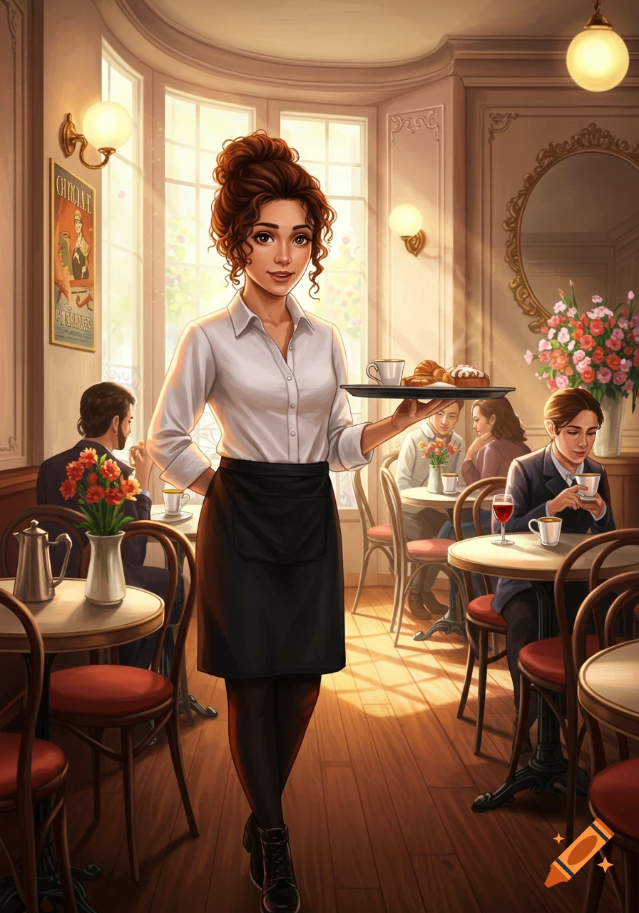 A detailed digital painting of a smiling waitress carrying a tray of coffee and pastries through a sunlit cafe.