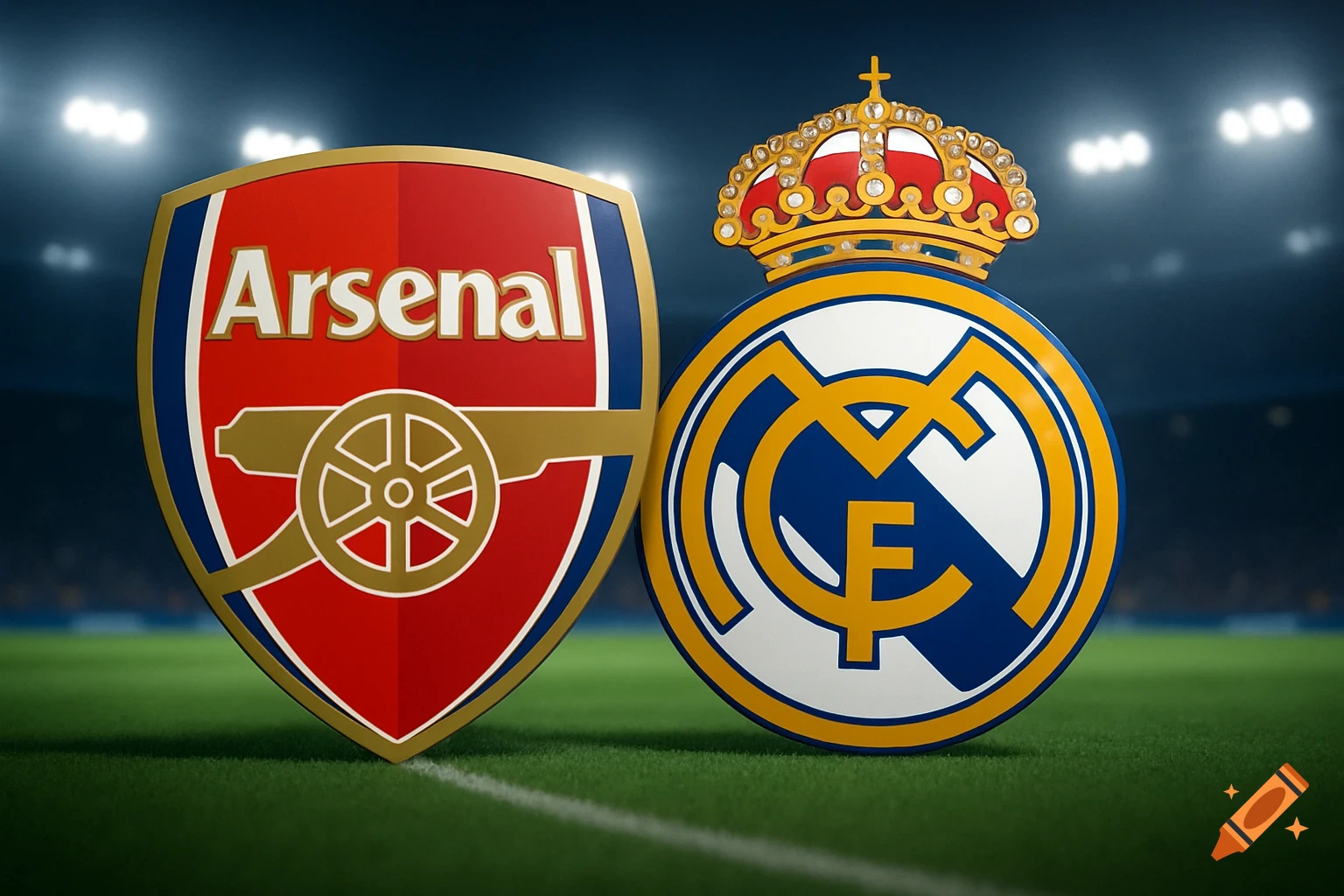 Photorealistic image of Arsenal and Real Madrid football club logos side-by-side on a green grass pitch under stadium lights.