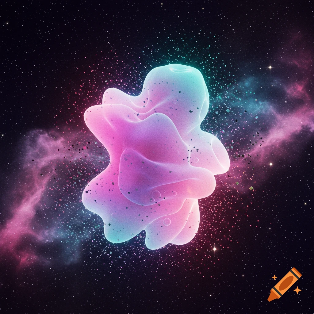 A glowing, abstract, pink and blue amorphous shape floats in dark space amidst colorful nebulae and stars.