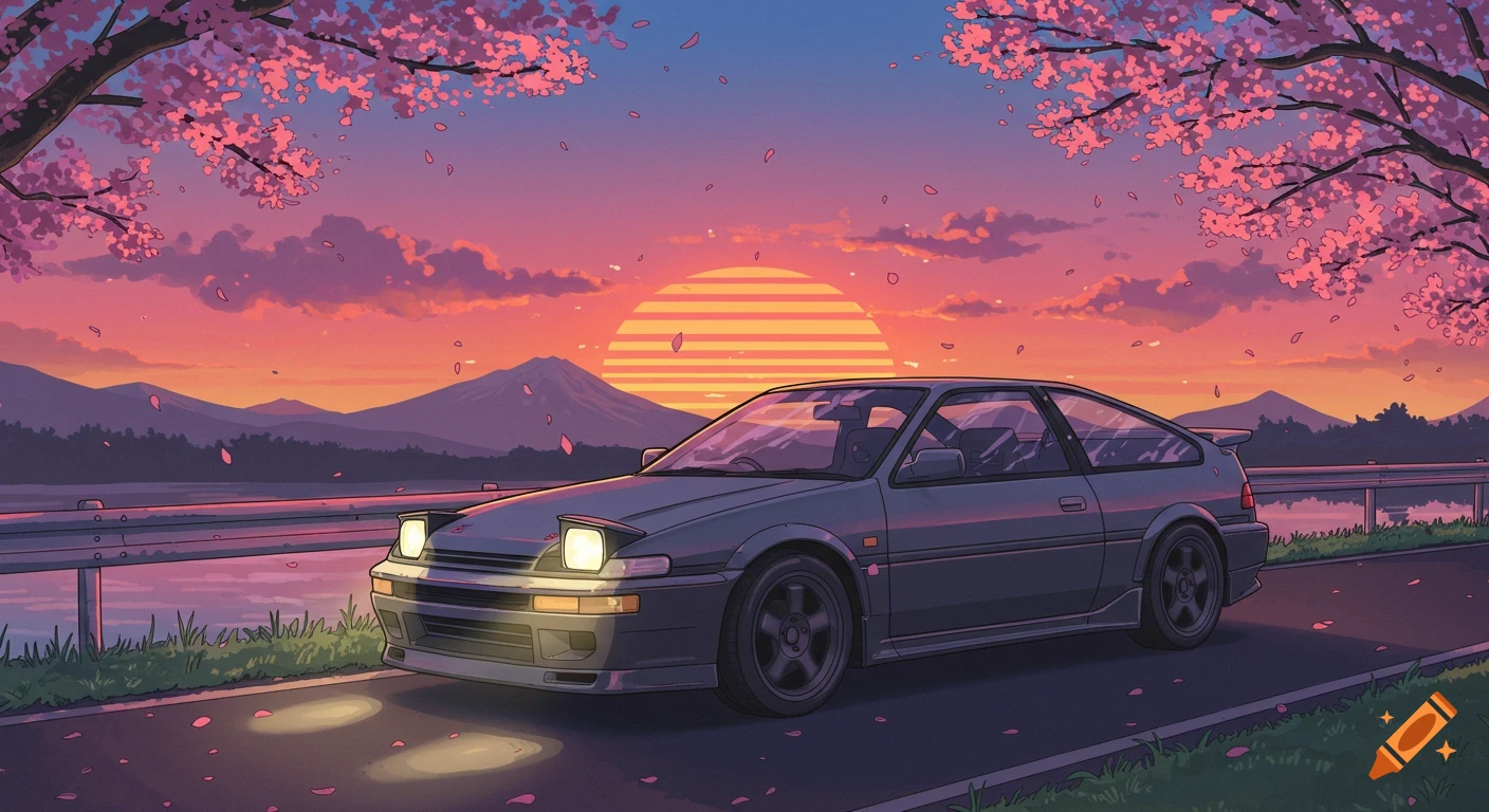 Anime style gray car on a road at sunset with cherry blossoms, mountains, and a lake in the background.