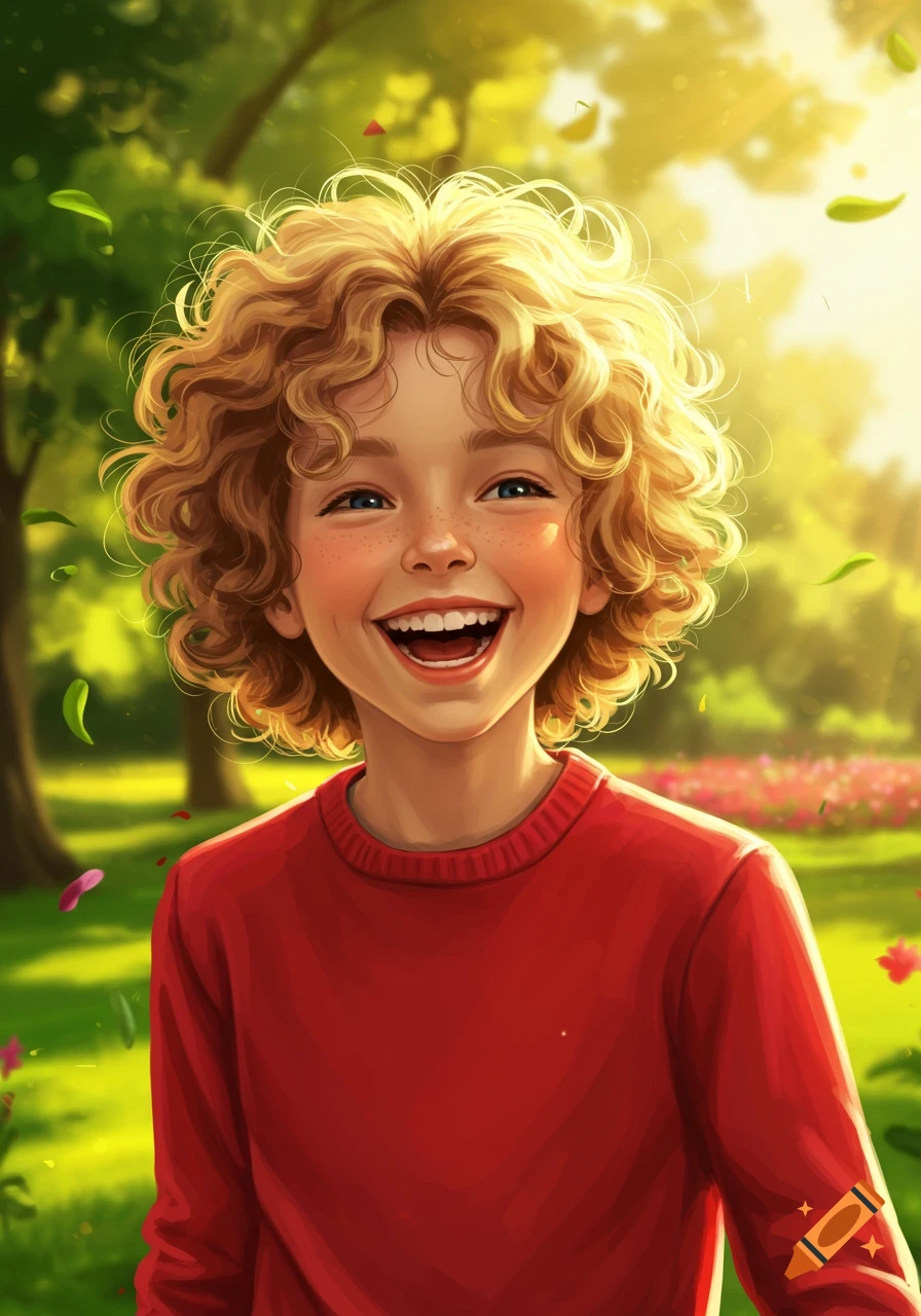 Joyful digital illustration of a boy with curly blonde hair and a red sweater, laughing in a sunny park.