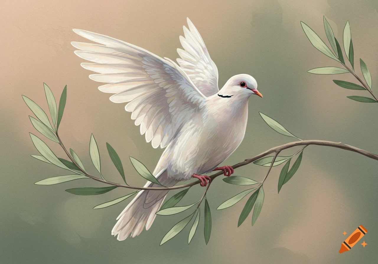 A drawing of a white dove with spread wings, perched on an olive branch against a soft green and beige background.